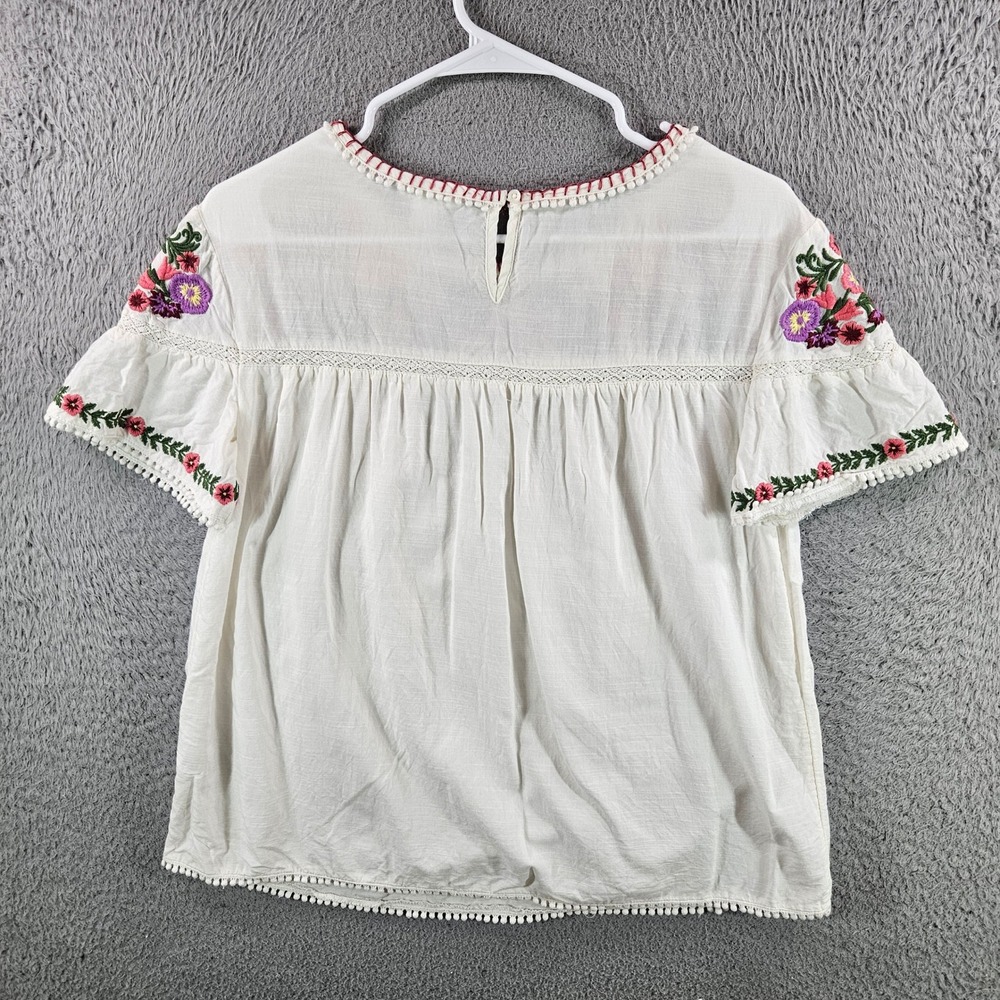 Caslon Womens XS Embroidered Floral Boho‎ Blouse White Short Sleeve Pom Pom Trim - Picture 6 of 9